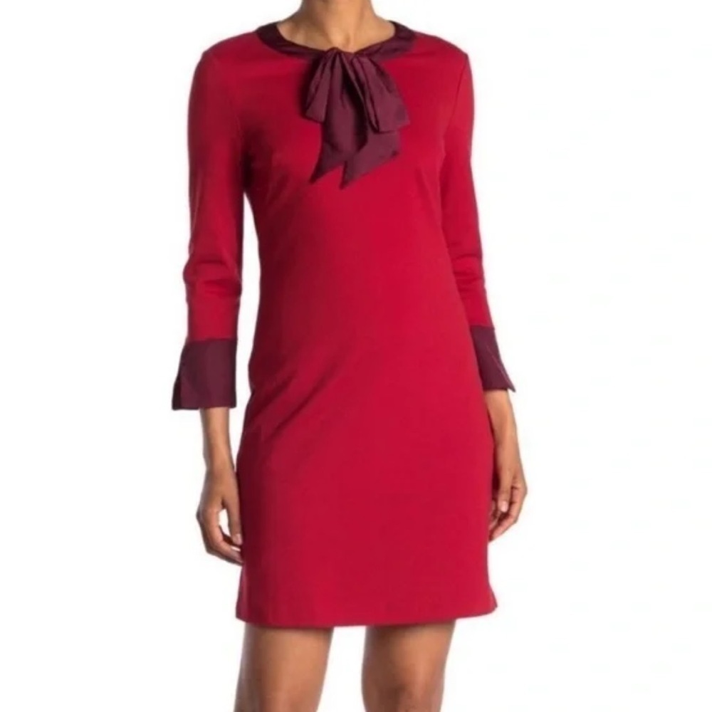 Boden Josie Red & Maroon Purple Bow Tie Neck Ponte Knit Sheath Dress NWT